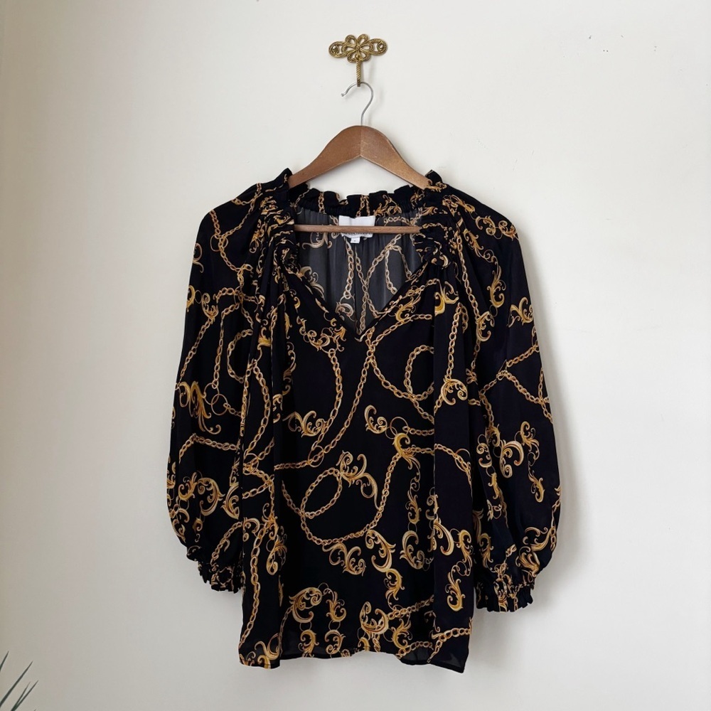 Gilner Farrar Black Chain Print Balloon Sleeve Ellie Blouse Small Quiet Luxury